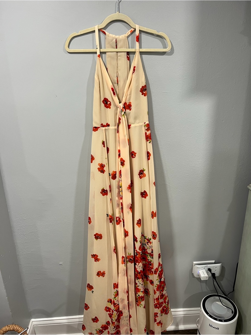 House of Harlow 1960 Cream Maxi Dress with Red Floral Motif